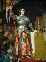 Jeanne d'Arc med rustning og helgenglorie under kroninga av Karl VII. Måla av Dominique Ingres i 1854.