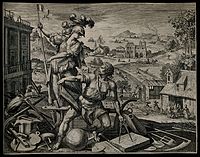 Мартен де Вос, малюнок, гравер Рафаель Заделер. «Мінерва надихає людину на працю», серія «Пори життя чоловіка», 1591 рік. Національна бібліотека Іспанії, Мадрид