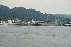 Royal Malaysian Navy training ship KD Hang Tuah (left) and multi-role support ship KD Mahawangsa seen berthed at Lumut Naval Base