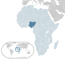  नाइजेरिया-अवस्थिति (dark blue) – Africa-এ (light blue & dark grey) – African Union-এ (light blue)  –  [व्याख्या]