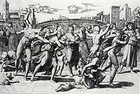 Η Σφαγή των Αθώων, χαρακτικό του Μαρκαντόνιο Ραϊμόντι (;) σε σχέδιο του Ραφαήλ[λ]. Εκδοχή «χωρίς το έλατο».