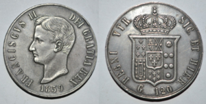 Монета номіналом в 120 грано останнього короля Обох Сицилій Франциска II (1859, AR 37 мм, 27,53 г)