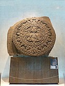 Aztec calendar stone; 1502–1521; basalt; diameter: 3.58 m (11.7 ft); thick: 98 cm (39 in); discovered on 17 December 1790 during repairs on the Mexico City Cathedral; National Museum of Anthropology (Mexico City)