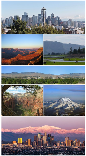 Da esquerda para a direita a partir do topo: Vista de Seattle, o Grand Canyon, Parque Nacional de Yellowstone, Vista de Boise, Angel's Landing, Monte Rainier, Vista de Los Angeles
