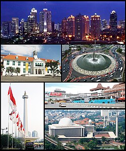 (Mula sa taas, kaliwa pakanan): Panoramang urbano ng Jakarta, Lumang Bayan, Rotondang Hotel Indonesia, Monumen Nasional, trapiko sa Jakarta, Moskeng Istiqlal