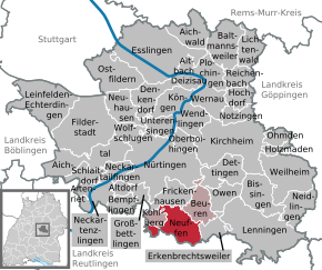 Poziția orașului Neuffen pe harta districtului Esslingen