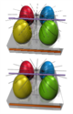 Eine Computergrafik, die oben ohne und unten mit Antialiasing berechnet wurde. Durch Antialiasing wird das harte Erscheinungsbild der Objektkanten geglättet und dünne Objekte fehlerfrei dargestellt.