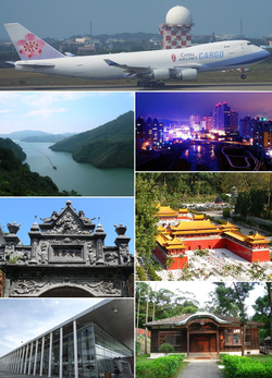 Yukarıdan saat yönüne: Taoyuan Uluslararası Havalimanı, Nankan Nehri, Window on China Tema Parkı, Taoyuan Shinto türbeleri, THSR Taoyuan İstasyonu, Daxi Eski Caddesi, Shihmen Rezervi