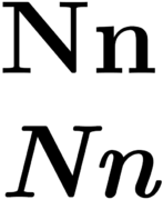 Uppercase and lowercase versions of N, in normal and italic type