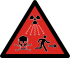 Panneau rouge représentant le trèfle nucléaire en train d'irradier un crâne et un homme en train de s'enfuir.