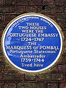 Blue plaque at the site of the previous Portuguese Embassy in Golden Square