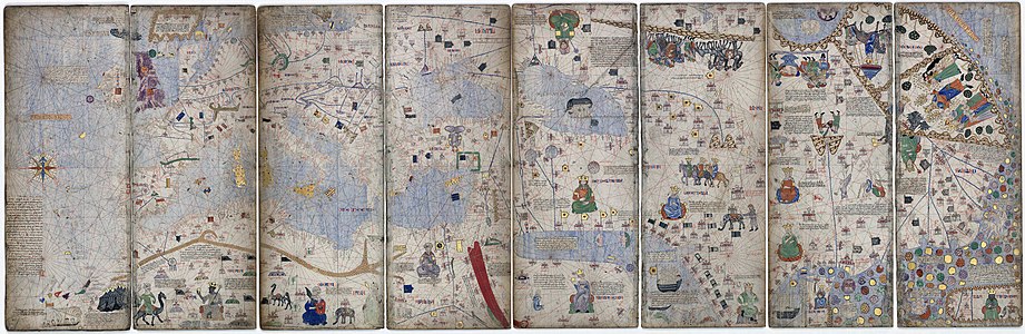 Montase 8 halaman (lembaran ketiga hingga keenam) dari Atlas Katala orisinal tahun 1375