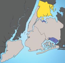 뉴욕시 중 노란 곳으로 표시된 곳이 브롱크스이다.