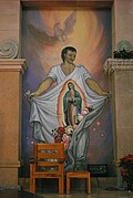 Juan Diego Cuauhtlatoatzin con la Virgen de Guadalupe (1531, una de las bases de la evangelización en la Nueva España). Su canonización (2002) se considera la del "primer santo indio".[23]​
