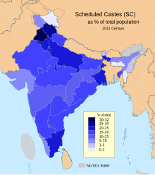 2011 Census Scheduled Caste caste distribution map India by state and union territory.svg