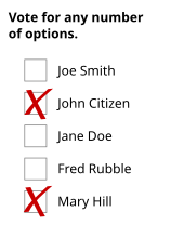 A theoretical ballot with the instructions "Vote for any number of options." Two choices are marked, three are not. There is no difference between the markings.