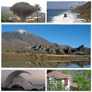 Clockwise from top: Dracaena draco, Roques de Anaga, Teide National Park, Traditional canarian house and Auditorio de Tenerife.