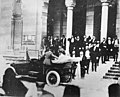 Archduke Franz Ferdinand and his wife, Sophie, departing from the Sarajevo City Hall (Vijećnica), shortly before their assassination on 28 June 1914.