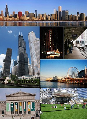 Clockwise from top: Downtown Chicago, the Chicago Theatre, the 'L'، Navy Pier, the Pritzker Pavilion, the Field Museum, and سیئرز ٹاور