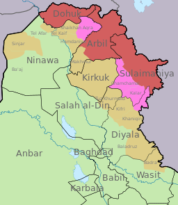 De kurdiska delarna av Irak. *Rött: Erkänt som Irakiska Kurdistan *Rosa: Omtvistat, kontrolleras av Irakiska Kurdistan *Brunt: Omtvistat, kontrolleras av Iraks centralregering