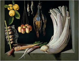 Still Life with Game, Vegetables and Fruit, 1602, 68 × 88 cm, Prado Museum.