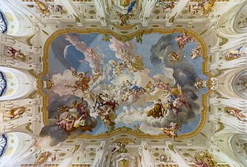 A Harmonia entre Religião e Ciência (1735), afresco de Paul Troger no teto do Salão de Mármore da abadia beneditina de Seitenstetten, Baixa Áustria. (definição 5 810 × 3 936)