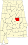 Harta statului Alabama indicând comitatul Coosa