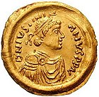 Solidus wi the image o Justinian the Great (527-565) (see Byzantine insignia) o Byzantine Empire