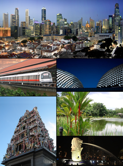 Слики, од горно лево кон десно: Мерлион од CBD, влез на Сингапурска зоолошка , Esplanade - Theatres on the Bay, Влез на Сентоса, Статуа на Томас Стемфорд Рафлс, Центар на Сингапур, Рафлс хотел