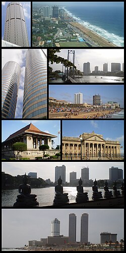 Clockwise from top left: BOC Tower, Colombo Skyline, Colombo Skyline (Gangaramaya Temple), Colombo Skyline (Galle Face), Old Parliament, Colombo Skyline (Gangaramaya Temple), BOC Tower and WTC Twin Tower, Independence Square, WTC Twin Tower