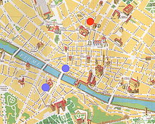 Peta Firenze dengan titik warna dekat Ponte Vechhio