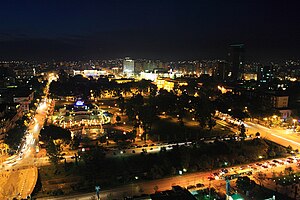 Skyline of Tirana by night overlooking Rinia Park