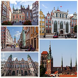Fentről, balról jobbra: Királyi kápolna, a Junkerhof, a Szűz Mária-templom, a Nagy fegyvertár és az Ulica Długa