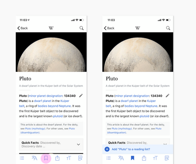 Two screenshots of the Pluto Article from the iOS app: On the left shows the "Save" option highlighted within Article view. The right shows the follow-up prompt to Add "Pluto" to reading list?