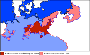 Брандэнбург-Прусія ў 1688 г. (цёмна-чырвоны: Брандэнбург ў 1600)
