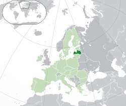 Location o  Latvie  (dark green) – on the European continent  (green & dark grey) – in the European Union  (green)  —  [Legend]