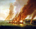 Slaget ved La Hogue, (1692) av Adriaen van Diest. Den siste handlinga i slaget - dei franske skipa sett i brann i La Hogue.