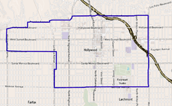 Map o the Hollywood neebourheid o Los Angeles, as delineatit bi the Los Angeles Times