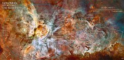 Snímek mlhoviny Carina v nepravých barvách z HST (přiblížitelná verze); Autor: HST/NASA/ESA.