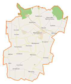 Mapa konturowa gminy Niechanowo, blisko centrum po prawej na dole znajduje się punkt z opisem „Karsewo”