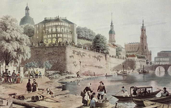 Wilhelm Bässler (gest. 1853): Gondelhafen an und Viertes Belvedere auf der Brühlschen Terasse in Dresden, kolorierter Stich, zeigt die Situation zwischen 1842 und 1852.