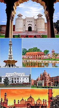 Clockwise frae the tap: Lahore Fort, Shalimar Gairdens, Lahore Museum, Badshahi Mosque, Quaid-e-Azam Leebrary, Minar-e-Pakistan.