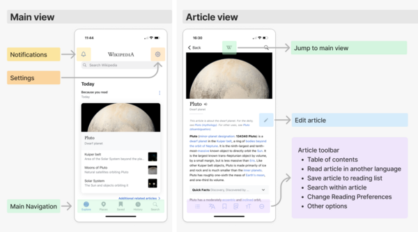 Two screenshots from the iOS Wikipedia app. The left shows Main view which contains notifications, settings, and main navigation. The right shows Article view, and shows that the W can be used to jump to main view, the edit pencil can Edit article, and the Article toolbar's options