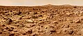 Nagy felbontású színes Mars Pathfinder-felvétel 1997-ből az „Ares Vallis” régióról, amely a Mars egyik legkövesebb területe. Az ikercsúcsok (twin peaks) láthatóak a távolban
