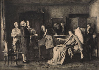 «Последние моменты жизни Моцарта», офорт картины кисти М. Мункачи, 1888 г.