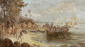Lukisan yang menggambarkan sebuah perahu yang berisi orang-orang bersenjata mendayung dari perahu-perahu di kaki langit menuju pantai yang dipenuhi orang-orang bercawat, sementara pada latarnya seorang penduduk asli berlutut di hadapan sekelompok kecil orang Eropa yang mengusung sebuah panji putih besar bergambar salib