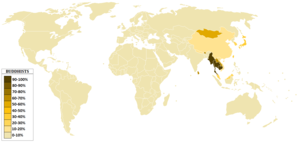 Страни, където е разпространен будизмът. (в проценти)