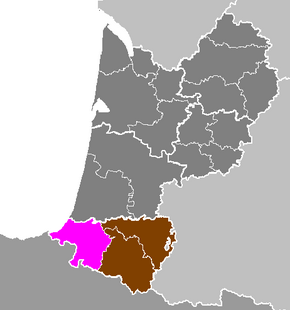Arrondissement Bayonne na mapě regionu Akvitánie (fialově)