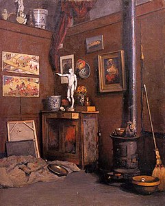 Gustave Caillebotte, Intérieur d'atelier au poêle (1873-1874), collection particulière. L'écorché est visible au centre.