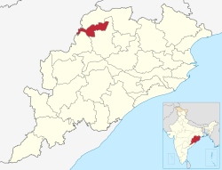 Jharsugudan piirikunta Odishan kartalla.